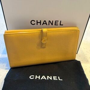 CHANEL Vintage Button French Purse Logo Wallet Beige Tan Large Bifold